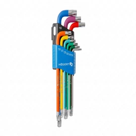 Imbuszkulcs készlet, 9 részes, TORX T10-T50 CrV, gömbfejű, színkódos, hosszú, 25 év garancia, HÖGERT HT1W817