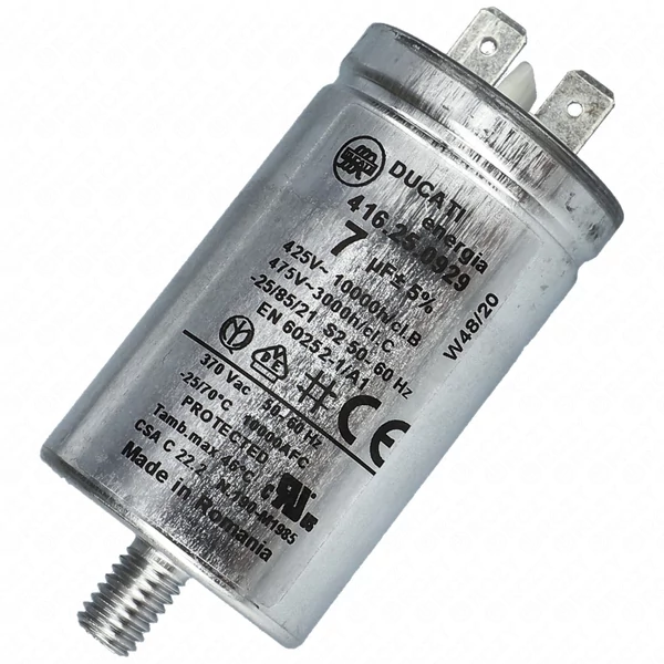 7 uF 475V Kondenzátor, sarus, motor indító, fémházas (eredeti) CANDY szárítógép