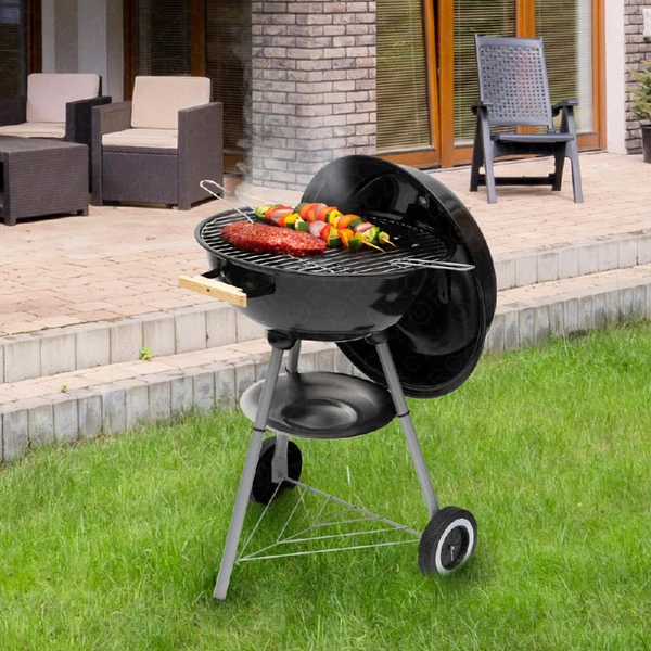Gömbgrill, faszén, faszénbrikett, nyitható fedél, krómozott acél rostély, rozsdamentes hamugyűjtő tálca, HOME GR02