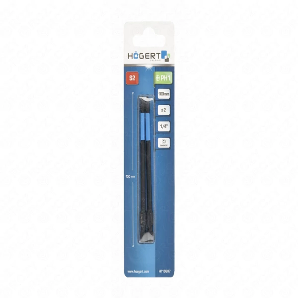Csillagfejű bitfej, PH1, 100mm, 2db/csomag, ütvecsavarozóhoz, HÖGERT HT1S687