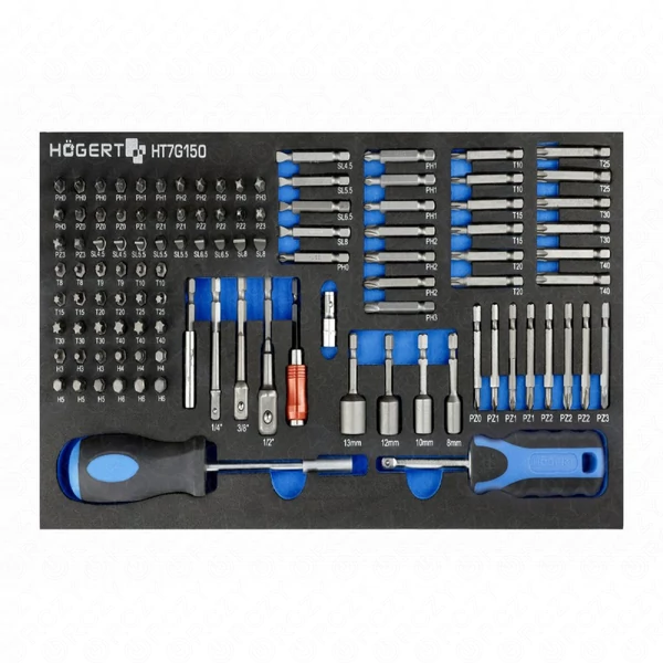 Bitfej készlet, 107 részes, (SL, PZ, PH, Torx), 395 x 180mm habszivacsban, HÖGERT HT7G150 / RENDELÉSRE
