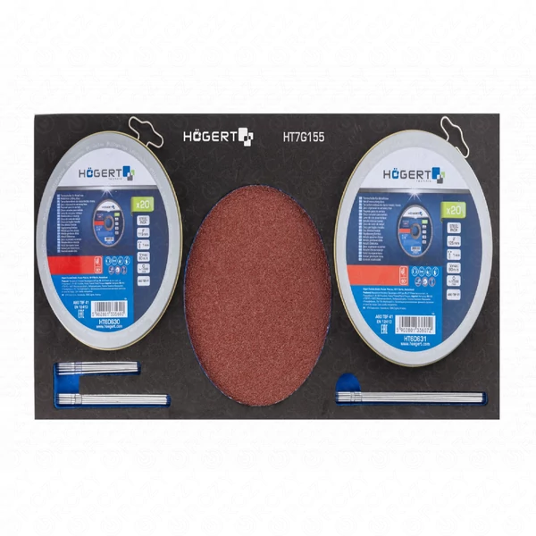 Vágókorong és dekopír fűrészlap készlet fémhez, 60 db, 115+125mm,  395 x 180mm habszivacs, HÖGERT HT7G155 / RENDELÉSRE